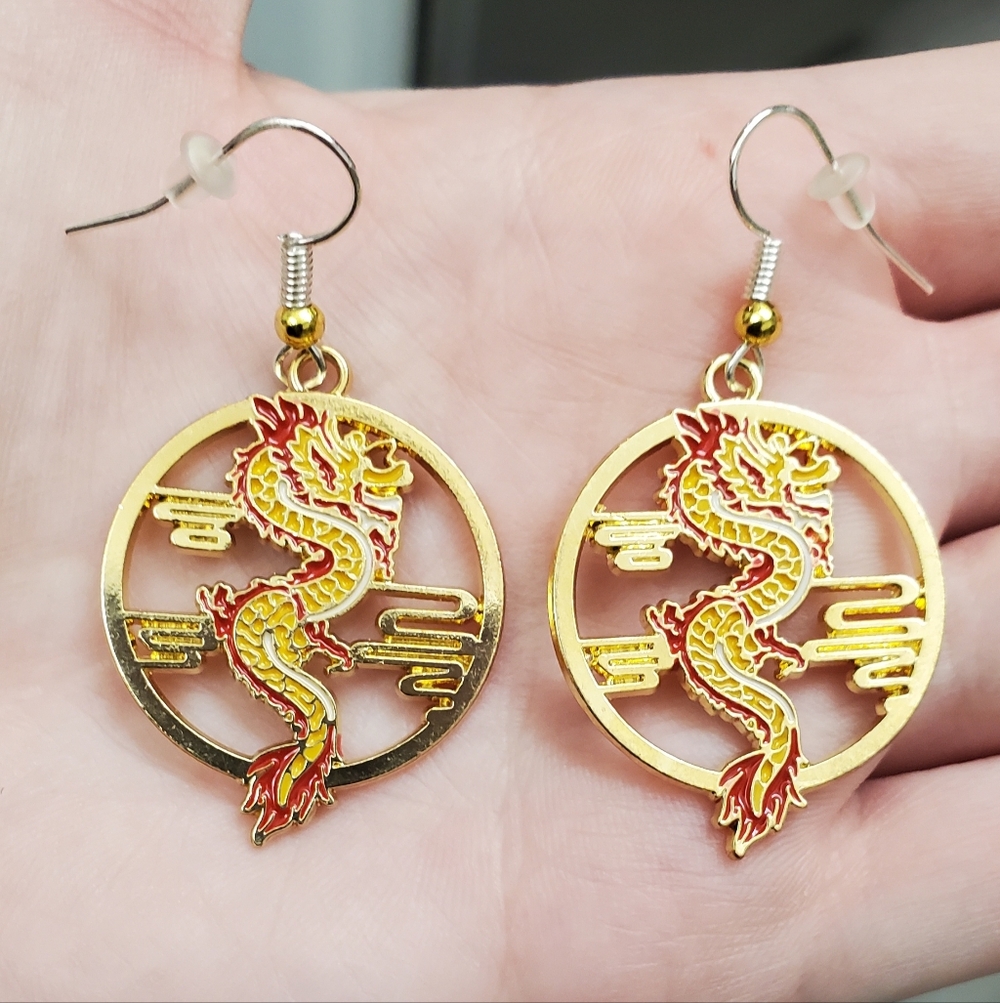 Gold and Red Dragon Earrings